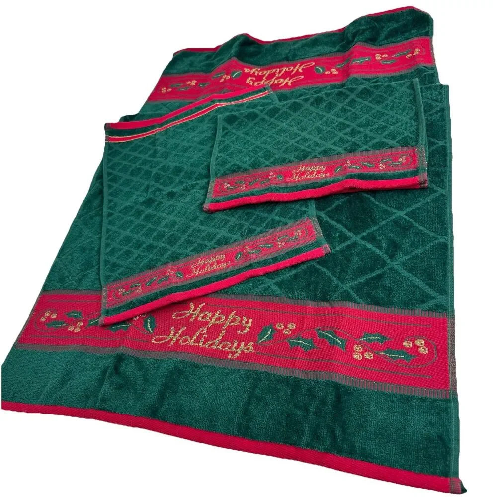 Set 3 Vintage Christmas Embroidered Bath Towel & Wash Rags 100% Cotton Holidays